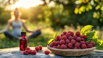 Fresh Raspberries with Essential Oil in Nature and Relaxation Setting