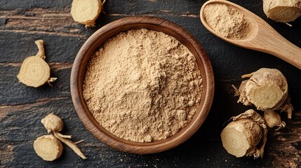 Fototapeta premium Ground Ginger Powder in Bowl on Wooden Background with Slices