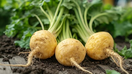 Fresh Yellow Root Vegetables with Green Greens on Earthy Background