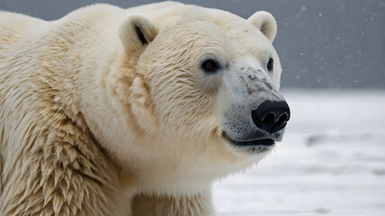 Majestic Polar Bear in Snowscape: A close-up portrait captures the stoic expression of a polar bear, its thick white fur blending with the snowy landscape.