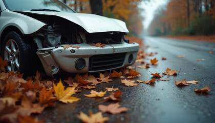 Damaged car wreck after accident on wet autumn road with fallen leaves. Silver vehicle is crumpled. Concept of caution, insurance claim, risk and seasonal hazard.