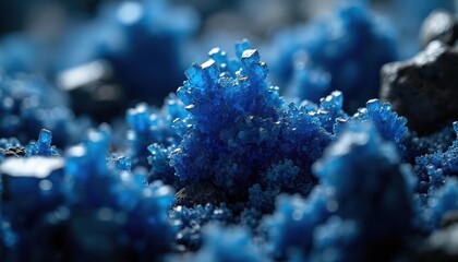Close-up photo of raw cobalt ore crystals extracted from cobalt mine. Blue cobalt ore geological mineral natural resource used in battery tech industry.