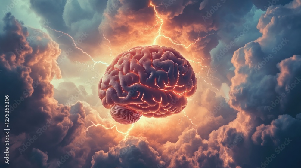 Poster A surreal depiction of a brain surrounded by clouds and lightning, symbolizing thought and creativity.