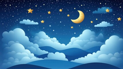 Night sky, crescent moon, clouds, hills, stars, dreamy, background, children's decor
