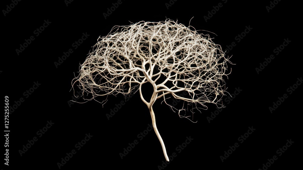 Poster a delicate, intricate representation of a branching tree structure against a dark background.