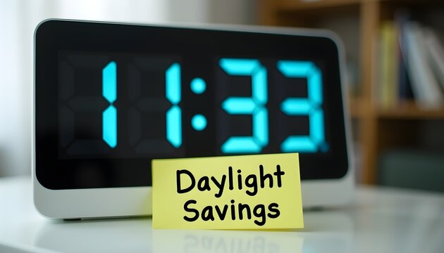 Digital clock displaying daylight savings time reminder