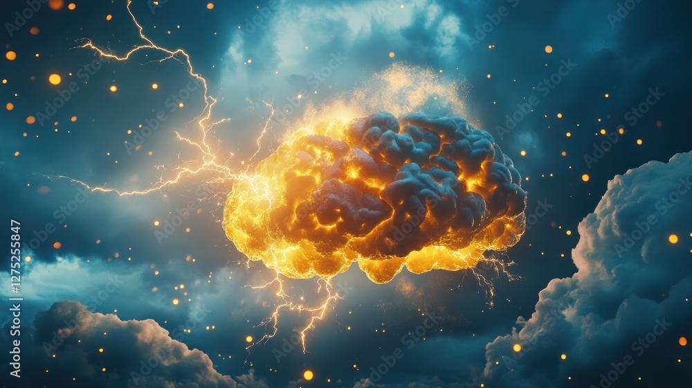 Poster a dramatic cloud emitting lightning and fire, creating a striking visual effect.