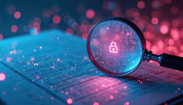 Magnifying glass focuses on document revealing padlock icon, binary code in tech atmosphere. Data security risk assessment, cyber threat analysis, digital protection and compliance concept.