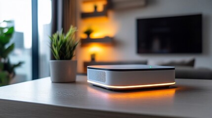 Modern home interior featuring a sleek projector on a wooden table with ambient lighting