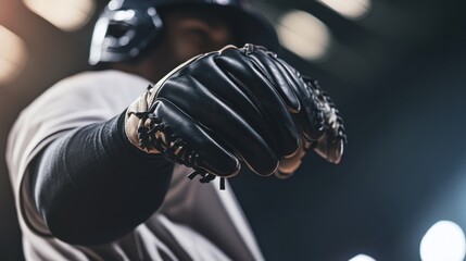 A baseball batter adjusting their batting gloves before a playoff pitch. Featuring focus and preparation