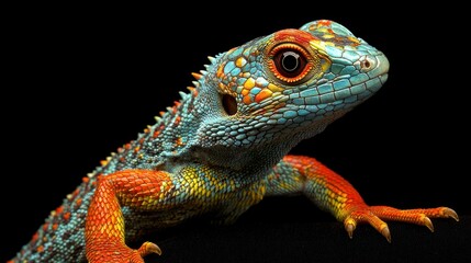 Obraz premium Vibrant lizard portrait, studio shot, black background, reptile wildlife