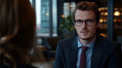 Fototapeta premium Confident Young Businessman in Suit Answering a Question