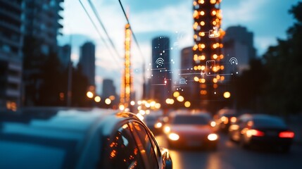 Connected city, advanced technology overlays a vibrant urban environment