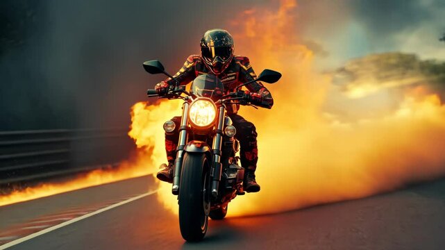 Action shot with man riding away from explosion on bike. Dynamic scene with fire in action movie blockbuster style