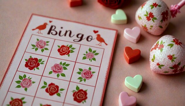 Floral Bingo Card with Red Roses and Heart Candies - Powered by Adobe