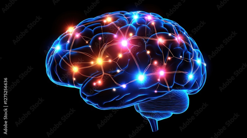 Poster a digital representation of a brain with glowing neural connections.