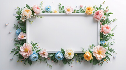 Delicate pastel florals surrounding a white tray on a clean surface ideal for product display and elegant styling shots for Copyspace and Text Background