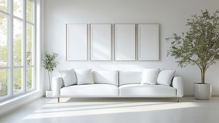 A white living room with a sofa and a window. Minimalist interior design of a modern hom