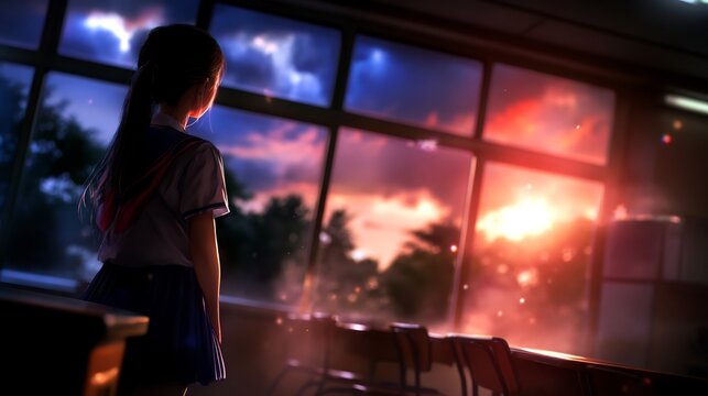 Contemplative student gazes at the fading sunset through classroom window