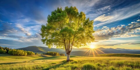 Fototapeta premium Serene Sunset Landscape Featuring a Single Deciduous Tree in a Rolling Meadow Under a Vivid Sky