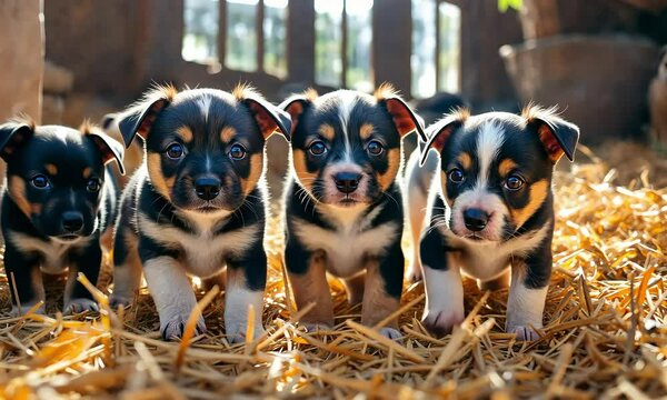 Four Adorable Black And White Puppies In Hay Filled Barn