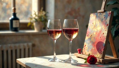 Red and White Wine Glasses with Painting Easel