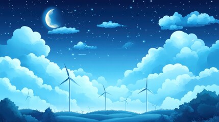 Fototapeta premium Night sky, wind turbines, field, renewable energy, illustration