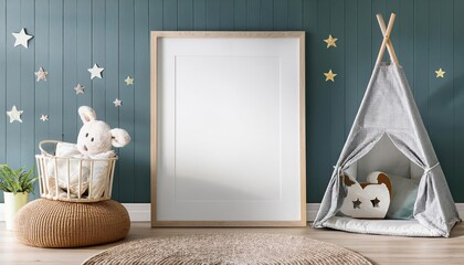 Nursery Digital Mockup A Serene 3D Rendering of a Vibrant Nursery Frame Showcasing Soft Pastels and Whimsical Textures in a Cozy Childrens Space, Perfect for Artwork, Home Decor, or Design