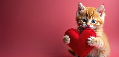 Fototapeta premium Ginger kitten hugging toy red heart on pink background. Cute cat Valentine Day love concept. Billboard for animal shelter, pet vet clinic. Lovely pet.