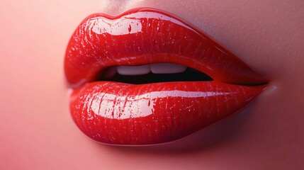 Obraz premium A hyper-realistic 3D rendering of glossy red lips on a soft pink background, ideal for lipstick advertising, beauty campaigns, or Valentine's Day promotions.