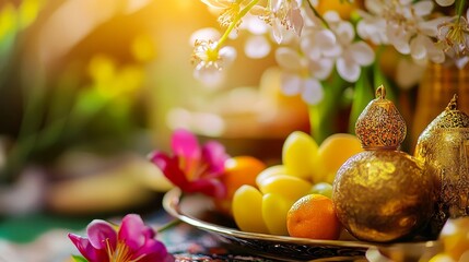 Vibrant Haft-Seen table with spring flowers, gold ornaments, and fresh fruits, celebrating Nowruz traditions and renewal.