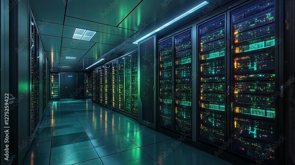 Poster illuminated server room data center network technology