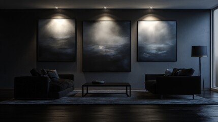 Fototapeta premium Modern Interior with Dark Artwork and Cozy Furniture Arrangement