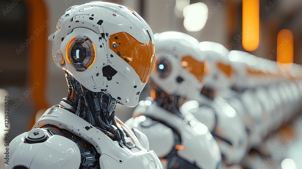 Poster a row of advanced humanoid robots stands ready
