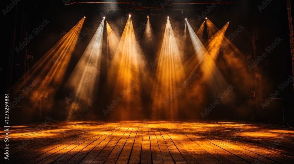 Poster a stage illuminated by warm lighting, creating an atmospheric performance setting.