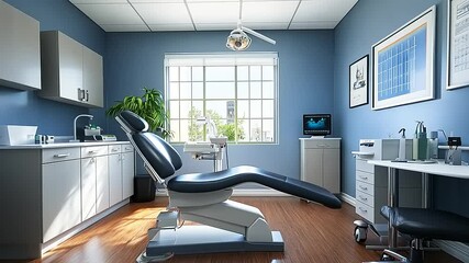 A modern dental office with a treatment chair and bright natural light.