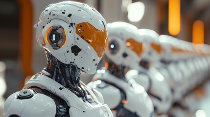 A Row Of Advanced Humanoid Robots Stands Ready