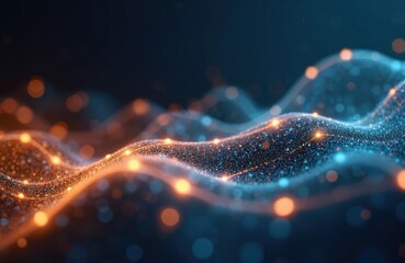 Abstract data structure with glowing nodes. Neural network grid, AI data processing, bigdata analytics, tech solutions, science background, connecting cyberspace structure, blue, orange visualization.