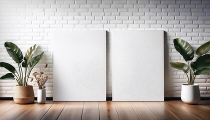 Double Large x3 Inch Canvas Poster Mockup on White Brick Wall in Dark Warehouse Vibrant and Spacious Artwork Showcase