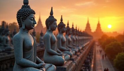 Many buddha statue images at sunset in Thailand. Religious buddhist monuments. Ancient architecture under orange sky. Asian culture and religion. Spiritual meditation and worship.