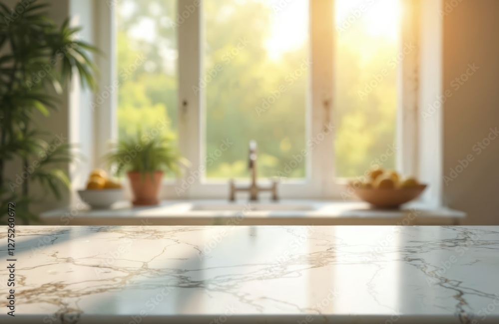 Aufkleber marble countertop with blurred background of window with streaming sunlight. bright interior in soft
