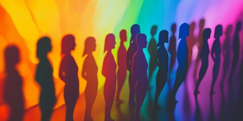 Silhouettes lining up against rainbow backdrop