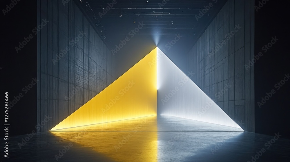 Poster a minimalist space featuring contrasting light triangles, creating a striking visual effect.