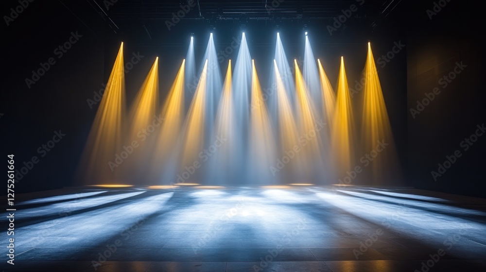 Poster a stage illuminated by dramatic lighting, creating an atmosphere for performance or presentation.
