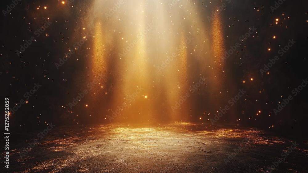 Poster a glowing, ethereal scene with beams of light and sparkling particles in a dark setting.