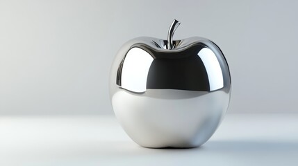 A metallic silver apple placed against a white background in a sleek 3D render. 