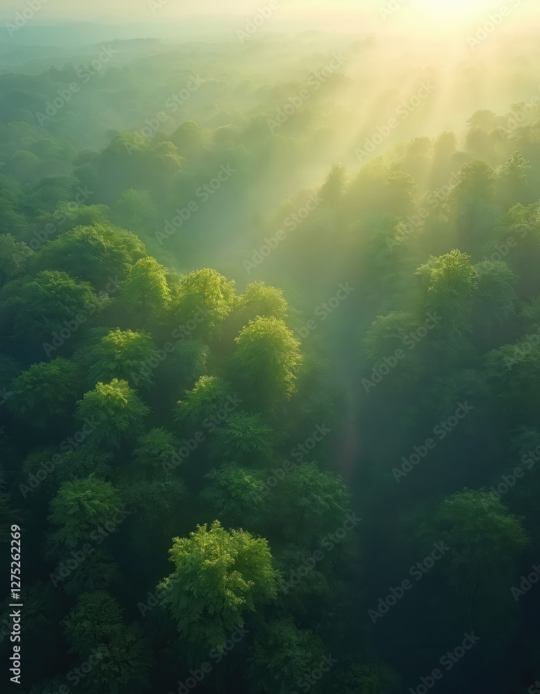 Aufkleber aerial view of dense green forest with soft light rays shining through trees, creating tranquil sere