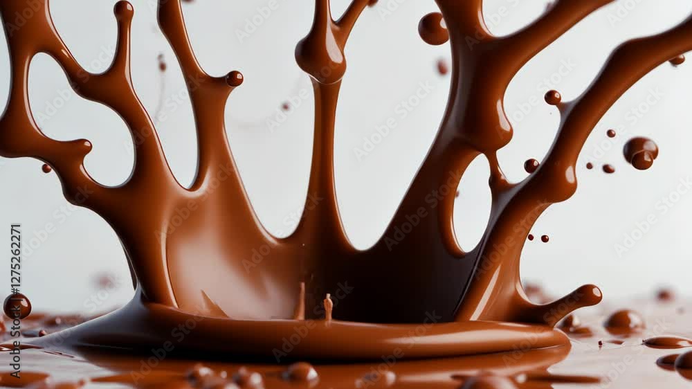 Poster chocolate splash creates dynamic patterns on white background in artistic presentation, chocolate sp