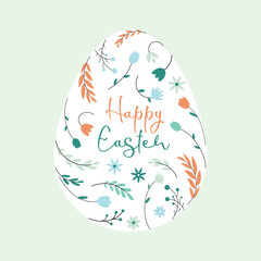 Happy Easter. Colorful Easter egg with floral decorations and leaves. Festive greeting card, poster, banner. Vector illustration