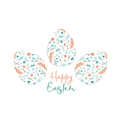 Happy Easter. Artistic Easter egg with blooming flowers and leaves. Elegant holiday greeting card, poster, banner. Vector illustration